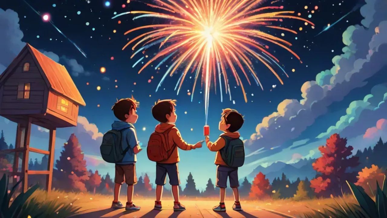 Three Kids play with Fireworks